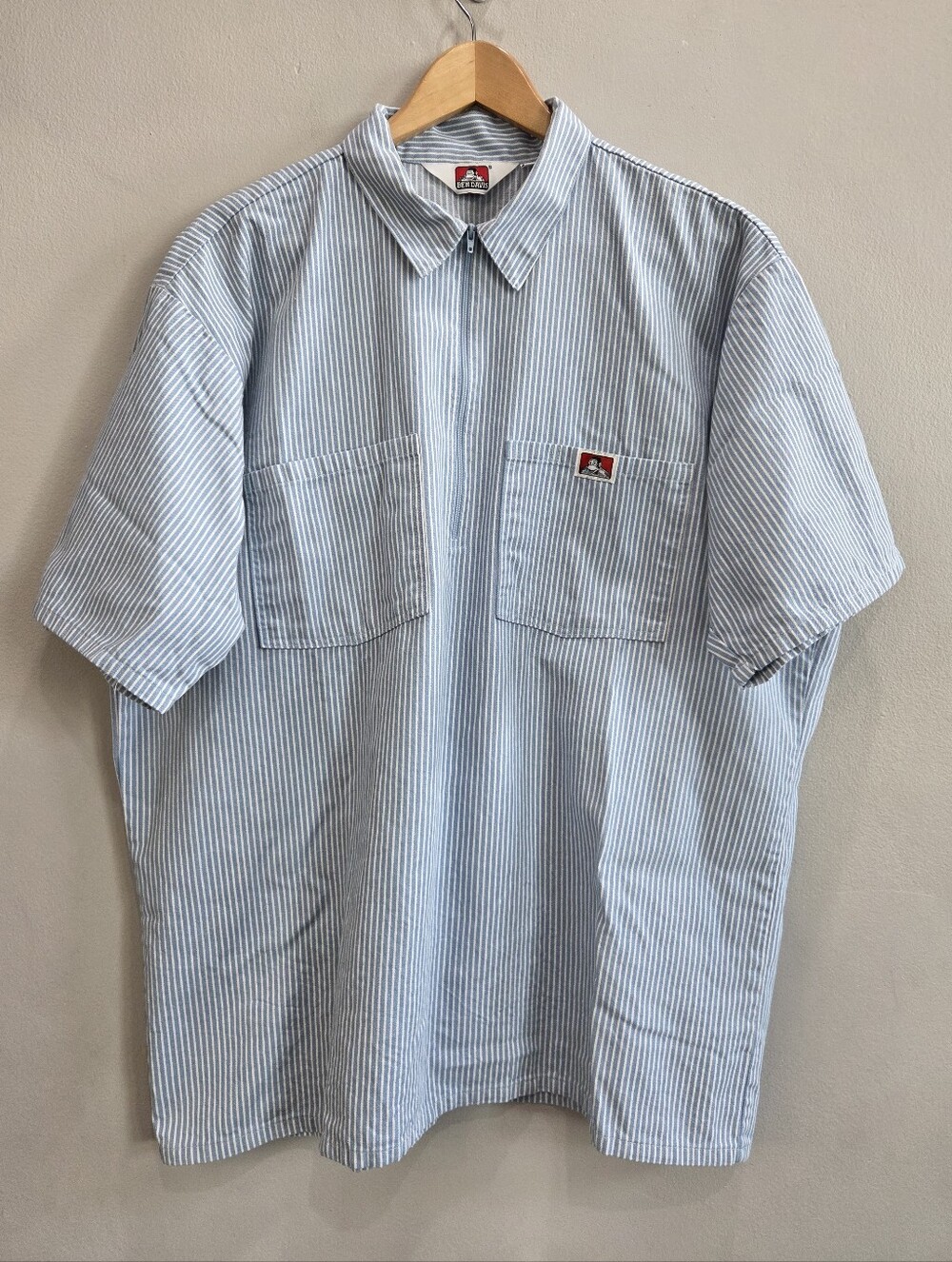 Vintage Ben Davis Blue Stripe Short Sleeve 1/2 Zip Shirt USA Made Men's Size XL